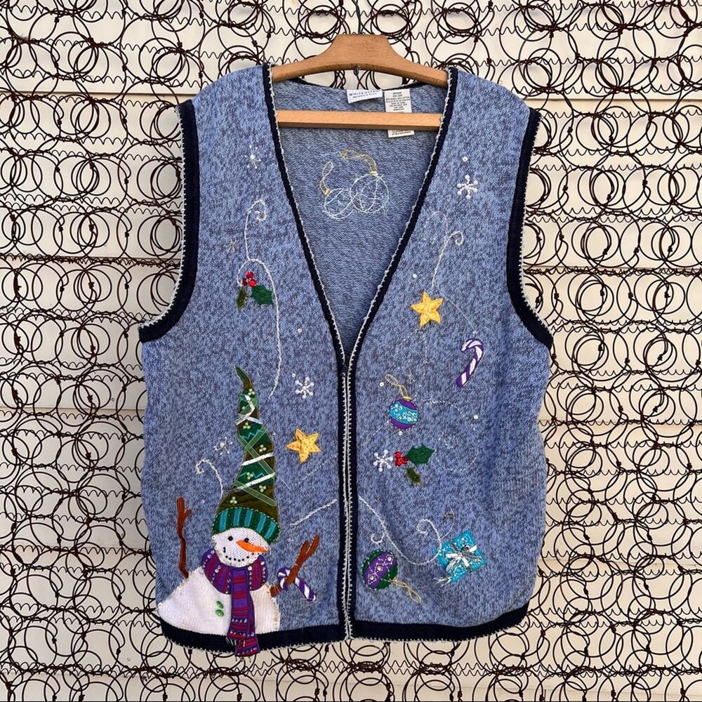 Vintage Ugly Christmas Zip Up Cardigan featuring snowman winter flurry 18W/20W